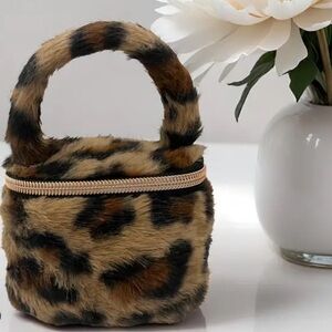 Mini Leopard-Patterned Makeup Pouch Cosmetic Bag Top Handle Faux Fur